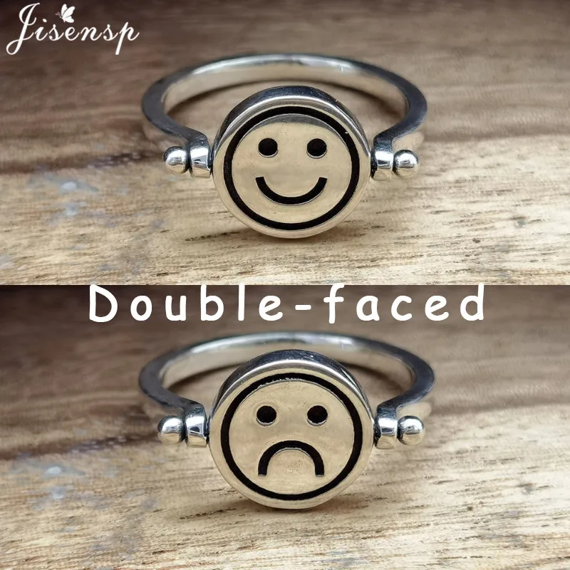 Retro Double-Faced Smile Sad Face Rotatable Rings for Women Men Simple Round Anti-Stress Fidget Ring Couple Jewelry Emo Gifts