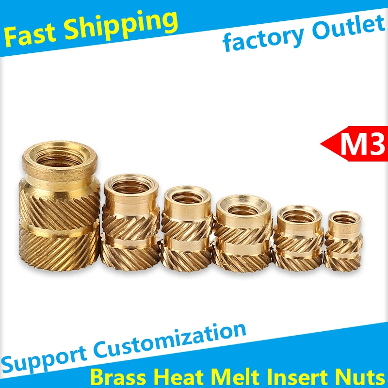 

Brass Hot Melt Inset Nuts Heating Molding Copper Thread Inserts Nut SL-type Double Twill Knurled Injection Brass Nut M2M3 100Pcs