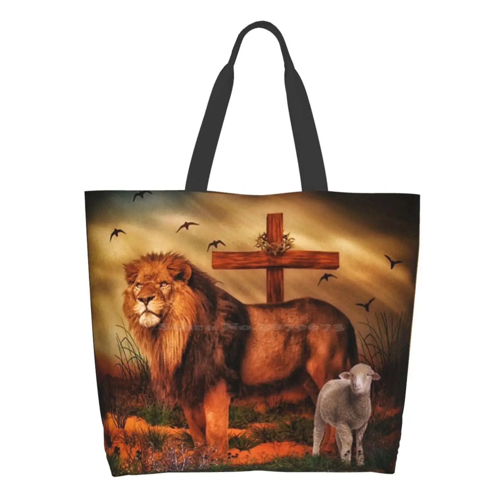 

The Lion And The Lamb Reusable Shopping Bag Tote Large Size Lamb Cross Lion God Holy Almighty Alpha Anointed Bridegroom Ing