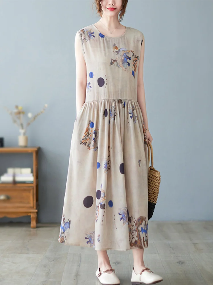 

2022 Summer New Ladies Dress Sleeveless Round Neck Chiffon Printed Skirt Literary Retro Temperament Elegant Light and Breathable