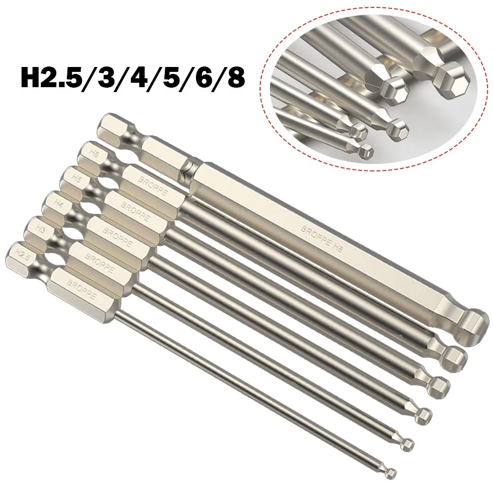 6pcs 1/4Inch Hex Magnetic Screwdriver Bits 25/50/65/70/90/150mm Long Alloy Steel Batch Head Ball End Screwdriver Bits Hand Tool