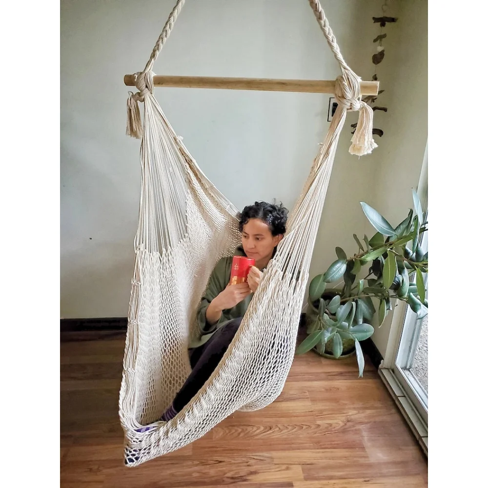 

Hammock, Hanging Chair/Swing. Ecofriendly, 100% Cotton with a Wooden Spreader Bar/swing- Perfect for Inside and outside!