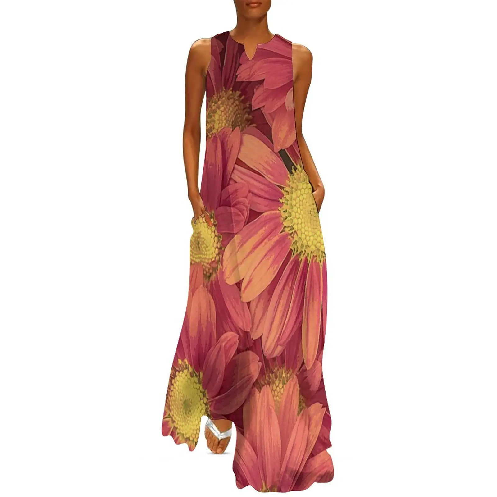 

Pink Sunflower Dress Elegant Flower Print Cute Maxi Dress V Neck Graphic Bohemia Long Dresses Streetwear Big Size Vestido