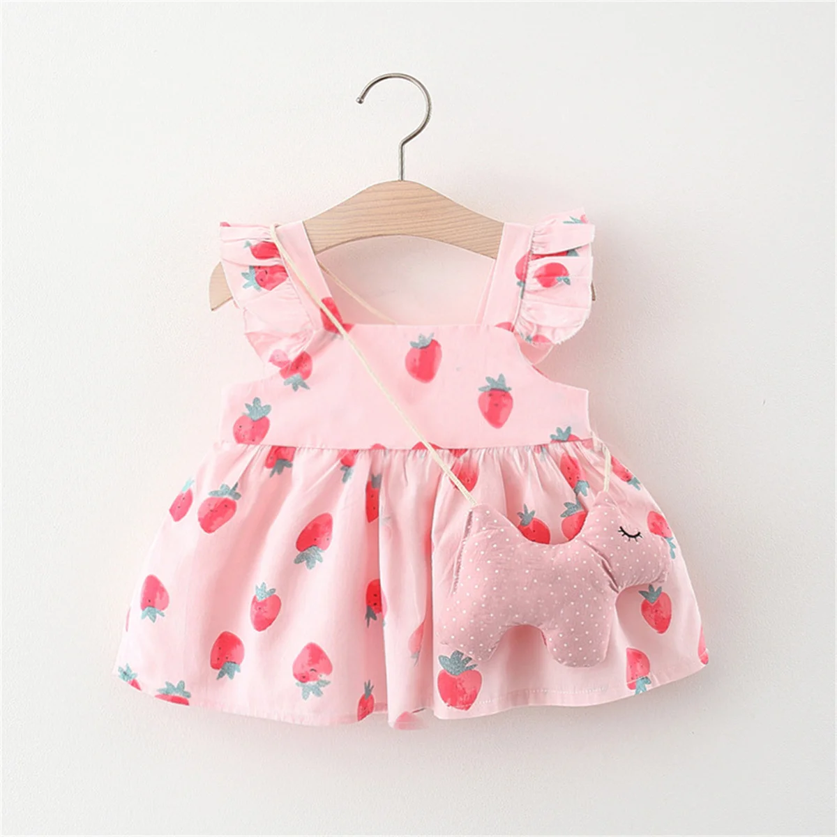 

Summer Baby Girl's Dress New Strawberry Print Flying Sleeve Daily Knee Length Dress Bag