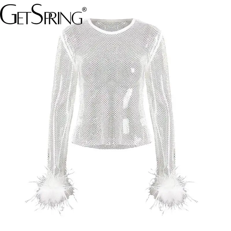 

Getspring Women T Shirt Feather Patchwork Diamond Perspective T Shirt Women Long Sleeves Black White Sexy Tops 2022 New Fashion