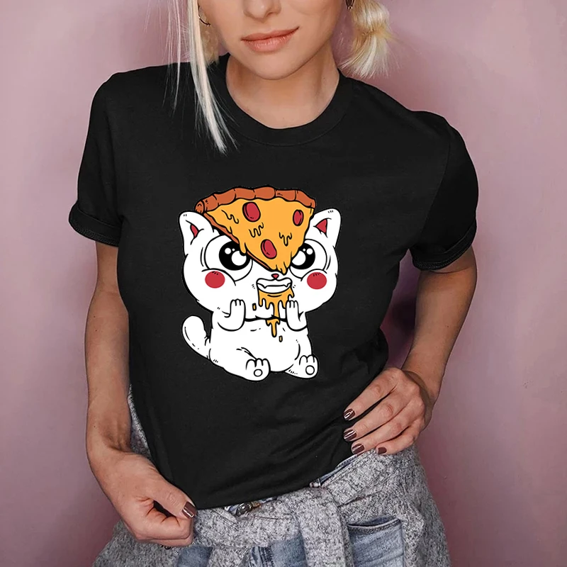 

2022 New Pizza Cartoon Cat T Shirt Harajuku Ulzzang T-Shirt Female O-neck Summer Tops 90s Girls Cat Graphic Tee Woman Clothing