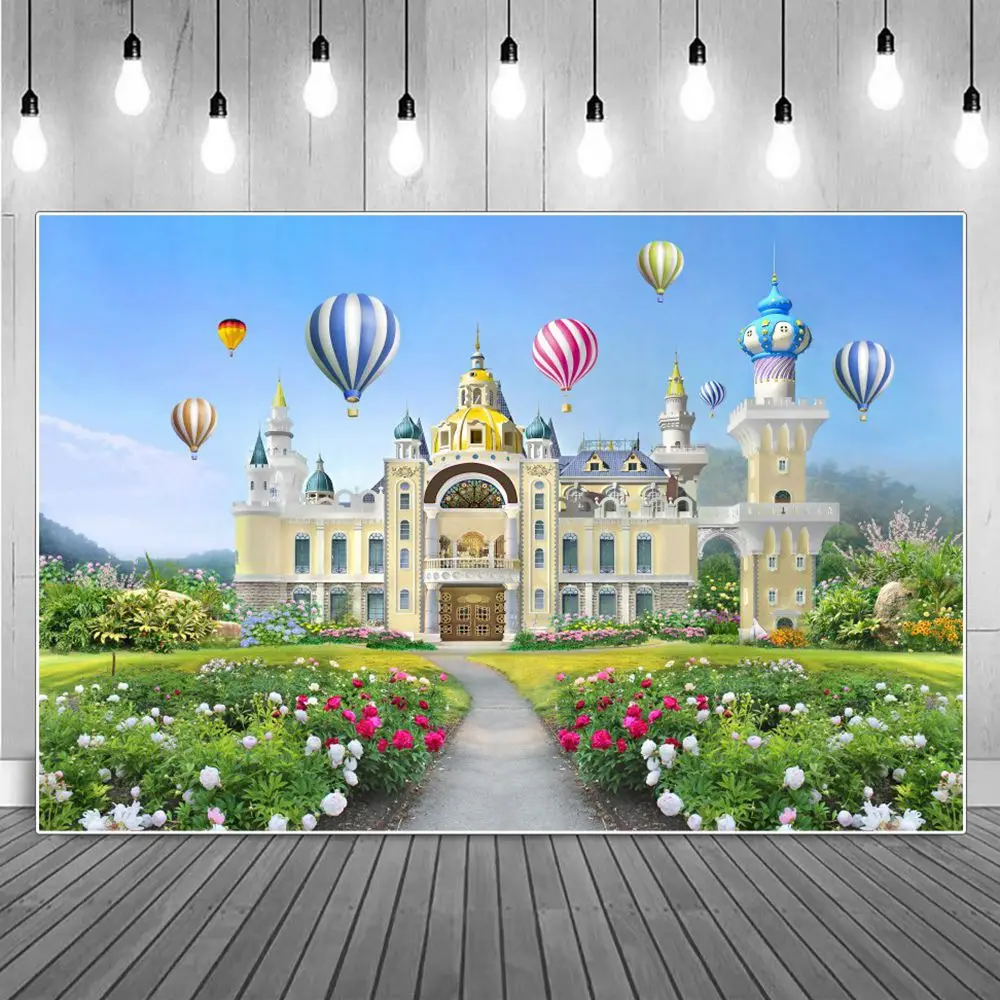 

Girls Castle Balloons Birthday Decoration Photography Backdrops Sign Kids Palace Flowers Grasses Tower Photographic Background