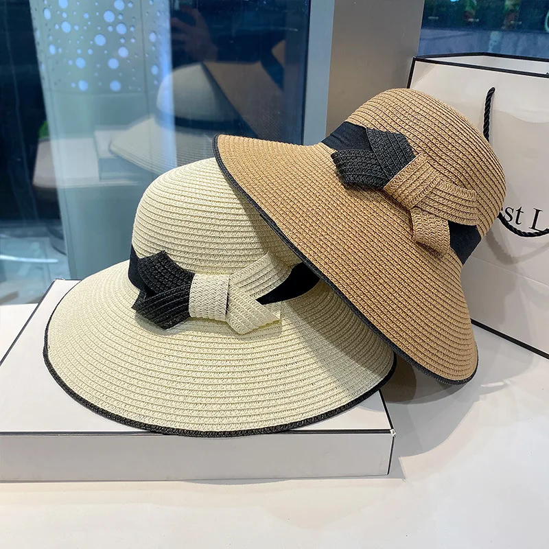

Hats For Women Summer Simple Wide Brim Sun Hats Girls Bow Straw Hat Beach UV Protect Travel Cap Female Dome Bucket Hat