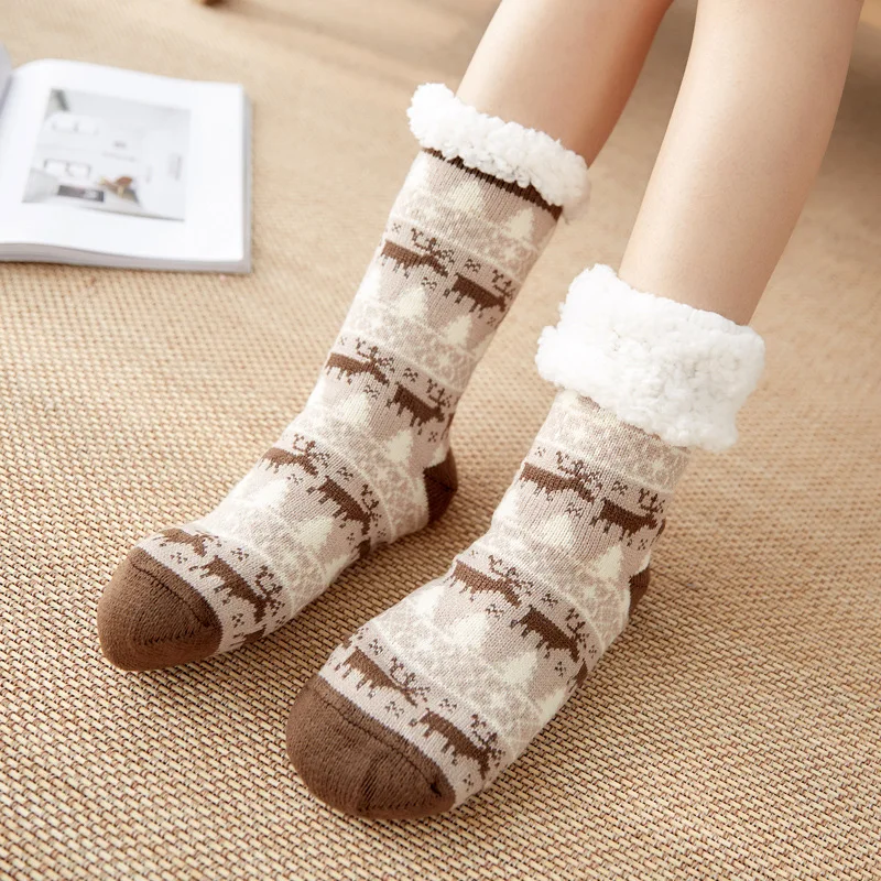 Christmas Fuzzy Fluffy Socks Women Winter Plush Soft Floor Female Anti Slip Non Grip Slippers Short Sock Deer Elk 2022 New Gift
