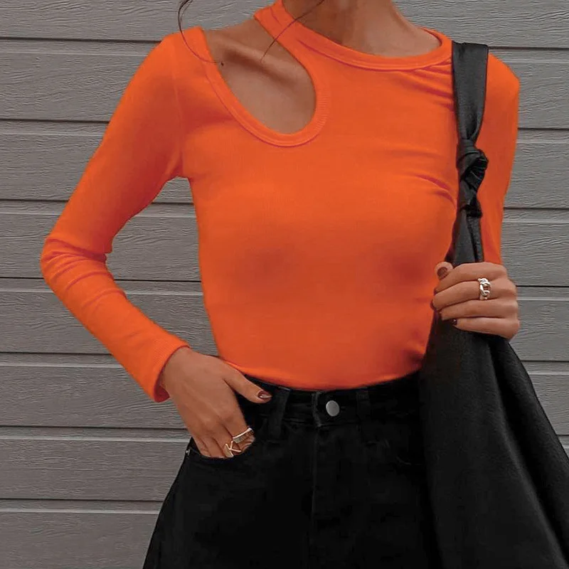 

Shirt Tops Out Round Basic Skinny Elegant Sleeve Hollow 2023 Casual Solid Tees Neck Long Women Sexy Cropped Autumn