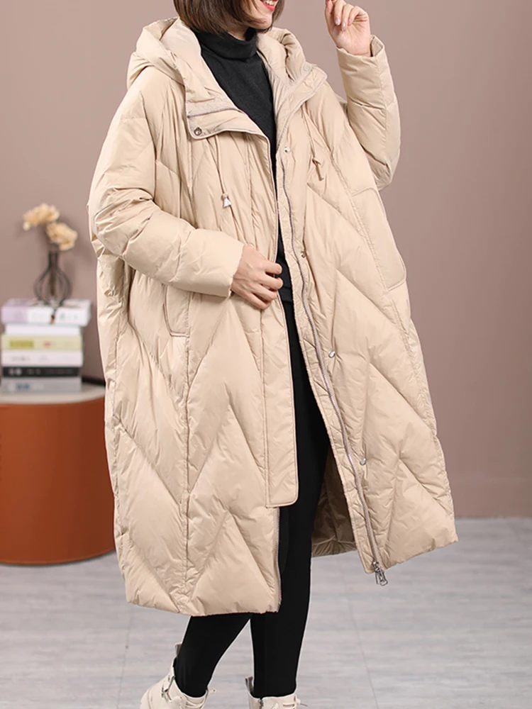 

Ailegogo 2022 Winter Women Hooded Loose Thick Warm Long Down Parka Casual Female Zipper 90% White Duck Down Coat Snow Outwear