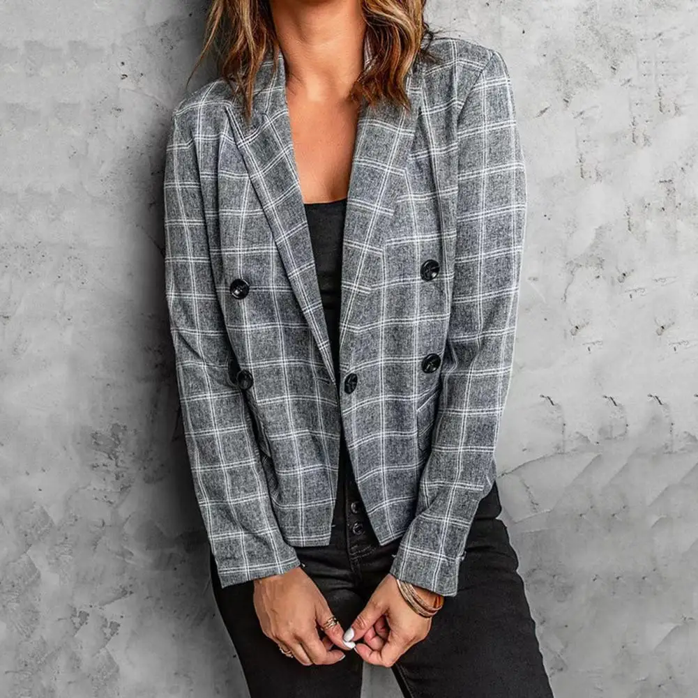 

Stylish Women Blazer Pockets Cold Resistant Women Elegant Button Plaid Print Suit Coat Coldproof Suit Jacket for Office