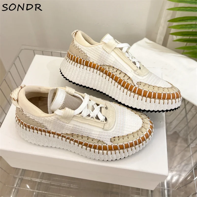 

Женские кроссовки на толстой платформе, Дизайнерские повседневные кроссовки на танкетке со шнуровкой, Вулканизированная подошва, разные ц...