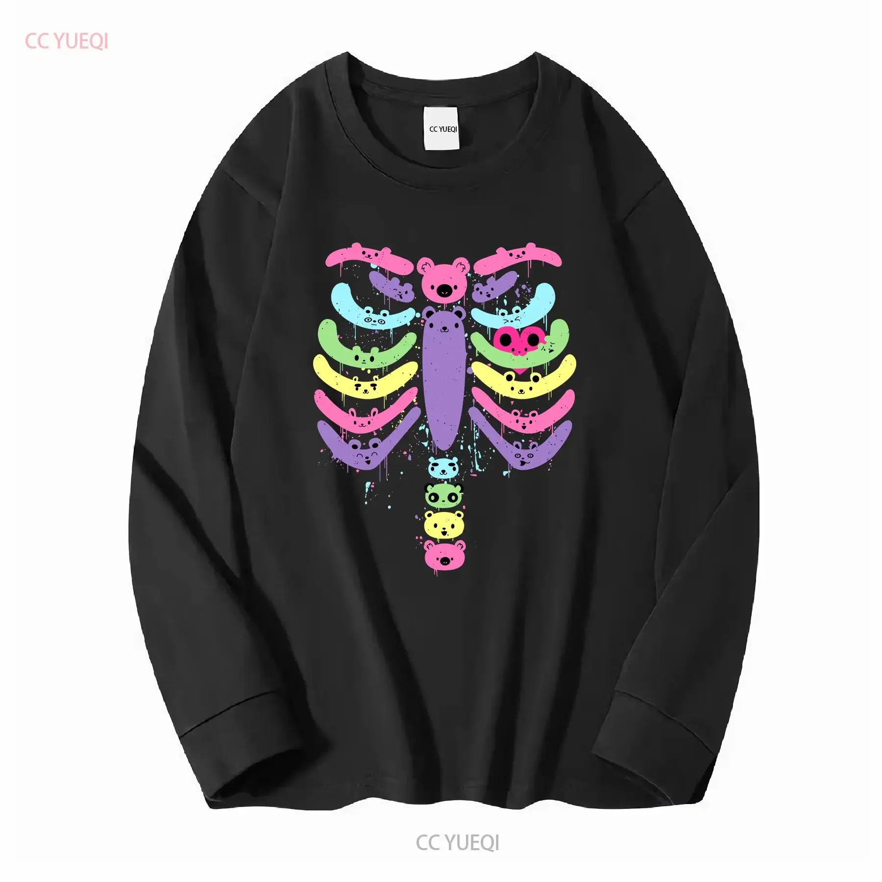 Фото Bear Bones Kawaii Drip Fitted Хэллоуин футболка милый скелет анатомия жуткий сезон бохо ребристая клетка с длинными или короткими рукавами мода №3