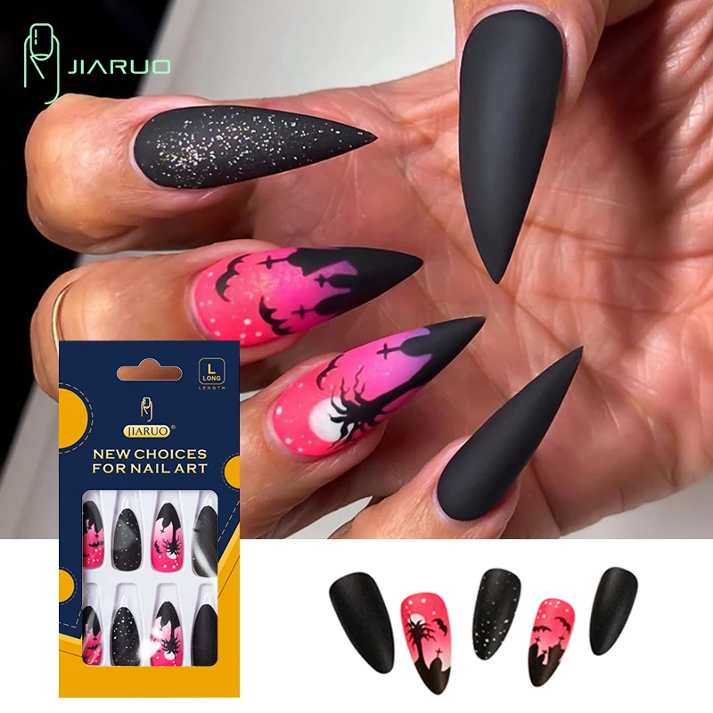 

JIARUO 24PCS/BOX Long Water Droplets Press on Black Nails False Nail Art Y2k Halloween Black Cemetery Bat Peach Pink Tip Nails