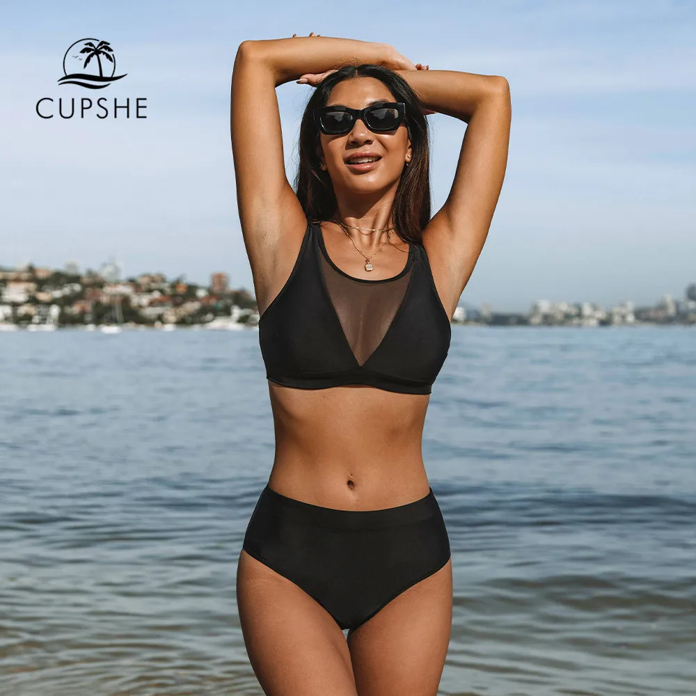 CUPSHE Black Mesh High Waist Bikini Set Swimsuit For Women Sexy High Neck Two Pieces Beachwear 2022 Bathing Suit Swimwear