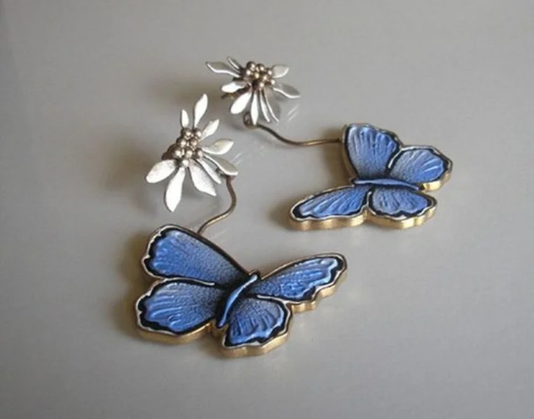 

Fashion Boho Cute Blue Enamel Butterfly Silver Plated Dangle Huggie Earrings