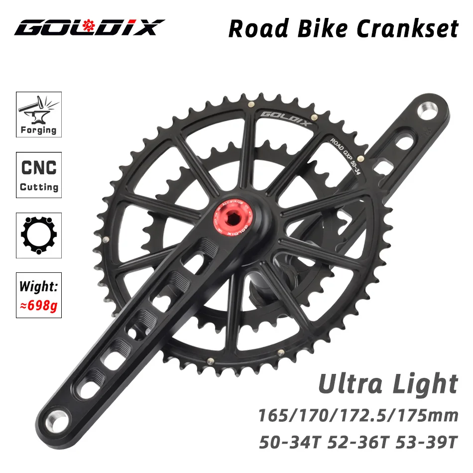 

GOLDIX Ultralight Road Bike Crankset 50-34T/52-36T/53-39T GXP Double Chainring 165/170/172.5/175mm length Hollow Bicycle Crank