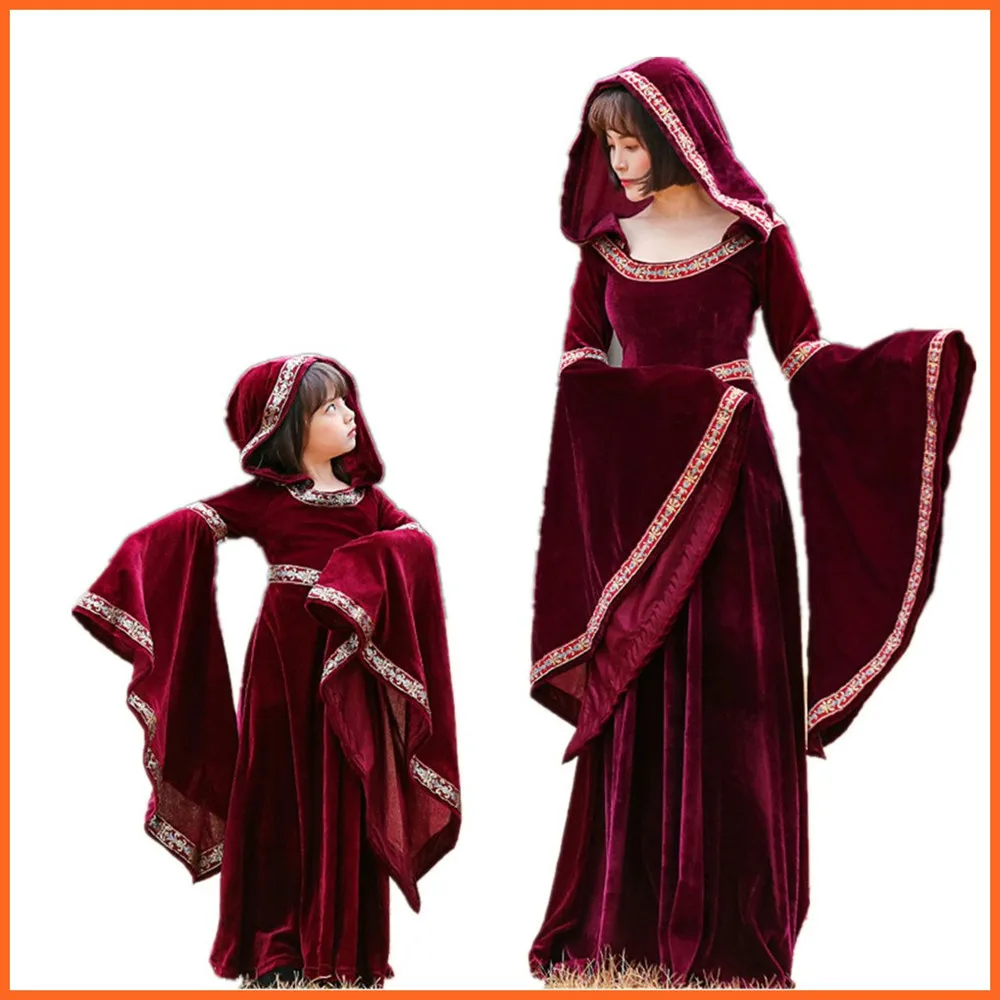 

Red Robe Wizard Renaissance Halloween Cosplay Costume Vintage Medieval Court Dress Parent-child Outfits