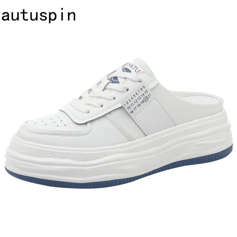 

Autuspin Summer Women's Shoes New Design Females Thick Heels Slippers Fashion Genuine Leather Round Toe Slip on Sneakers Woman