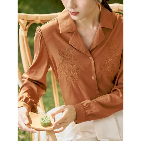 INMAN Women Blouse 2023 Spring Long Sleeve V-neck Lapel Loose Shirts Chinese Style Embroidery Elegant Design Orange Tops