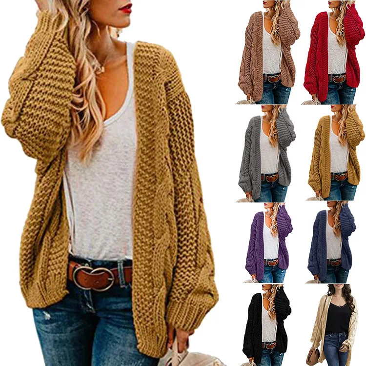 

Spring and Autumn 2023 New Thick Knitted Fried Dough Twists Knitted Cardigan Women's Medium length Solid Coat Cardigan