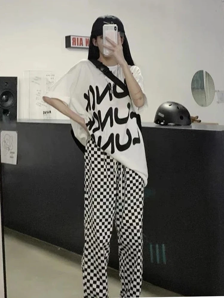 Женские широкие брюки в клетку HOUZHOU черные и белые Корейском стиле Харадзюку