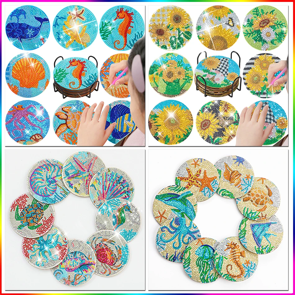 PhotoCustom 8pcs/Set DIY Flowers Diamond Painting Coaster Circle-Shaped Drill Point Drill Coaster Cup Cushion With Rack Gifts
