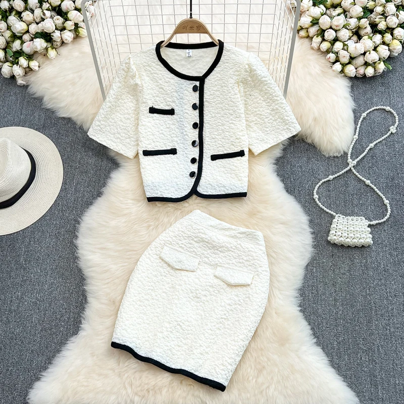 

2 Piece Set Women Summer Office Ladies Outfits Jacquard Puff Sleeve Blouse Shirts Mini Skirt Matching Suits Clothes Hit Color