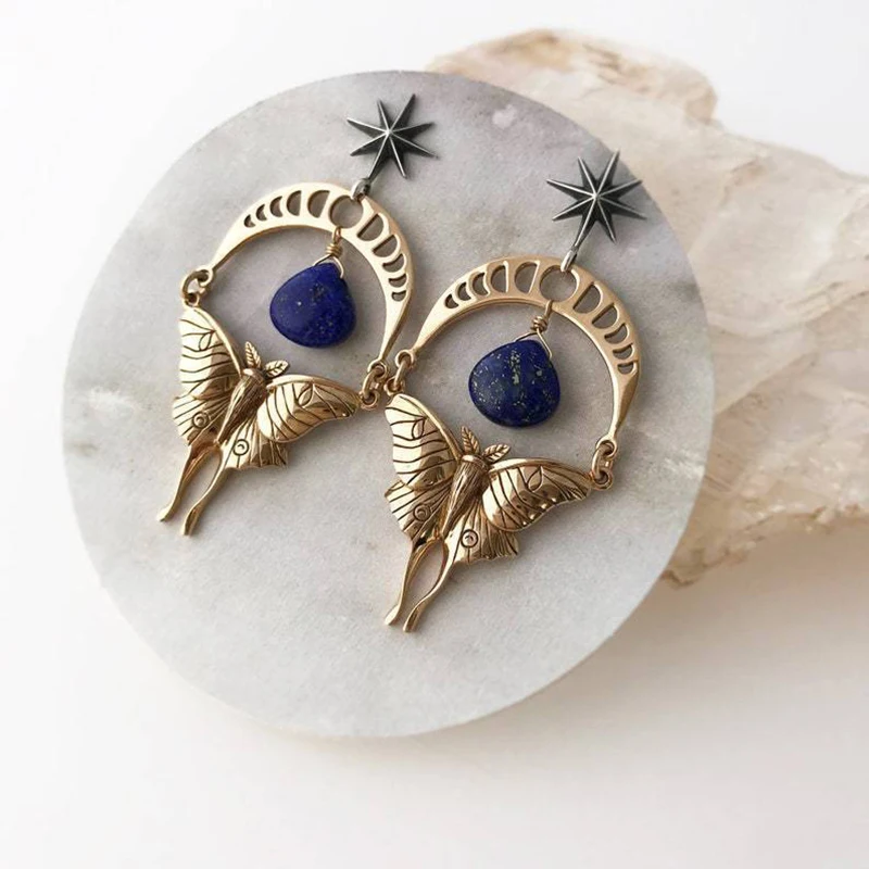 

Vintage Eight Pointed Star Lapis Lazuli Stud Earrings Women Exaggerated Moon Phase Moth Pendant Earrings Female Jewelry