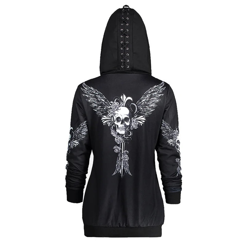 

New Designed Goth Women Hoodie Long Sleeve Hooded Collar Printing Patchwork Zipper Gothic Style Ladies Hoodie For Early Spring