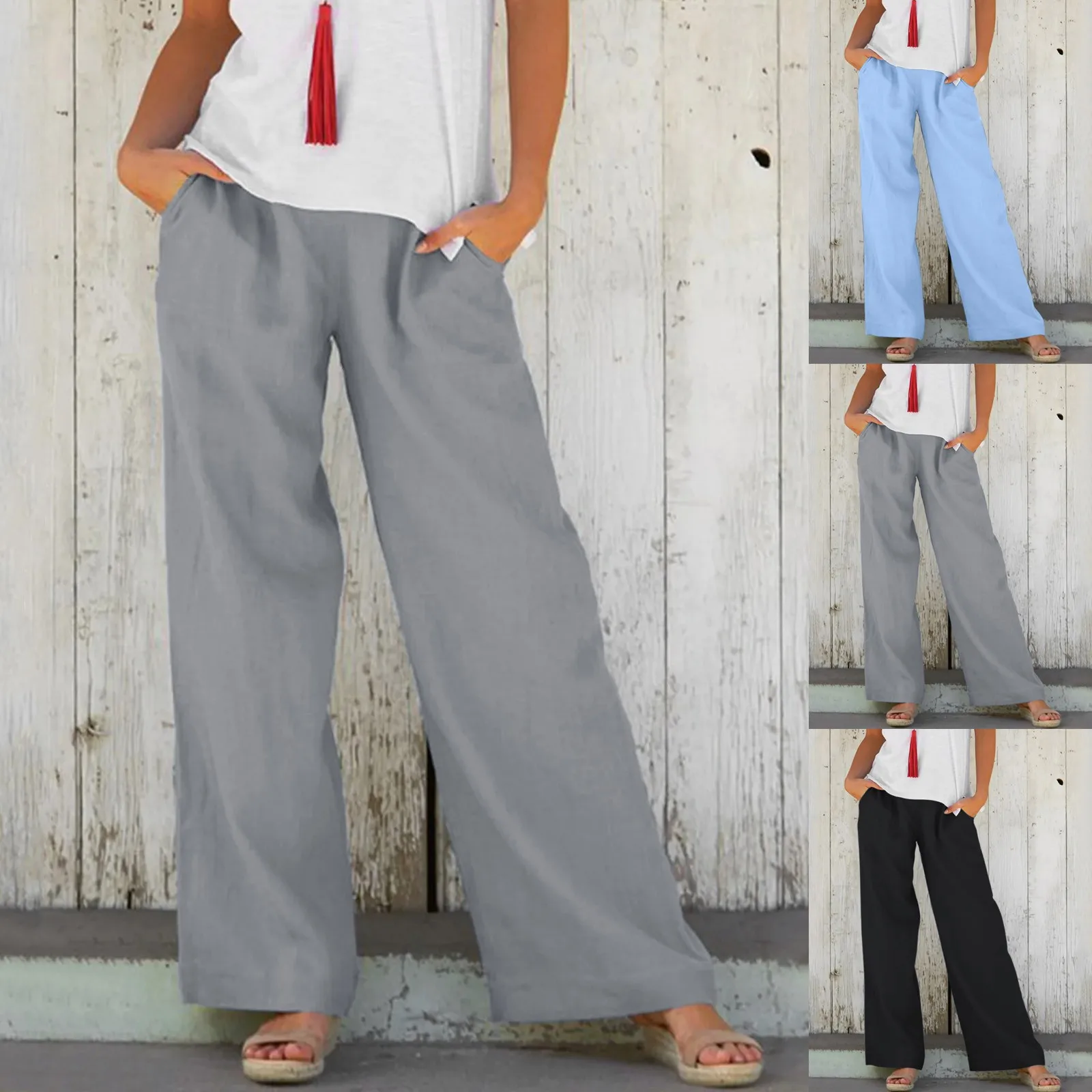 

Female Casual Wide Leg Straight Pant 2022 Vintage Cotton Linen Solid Color Sweatpants Women Chic Casual High Waist Trousers