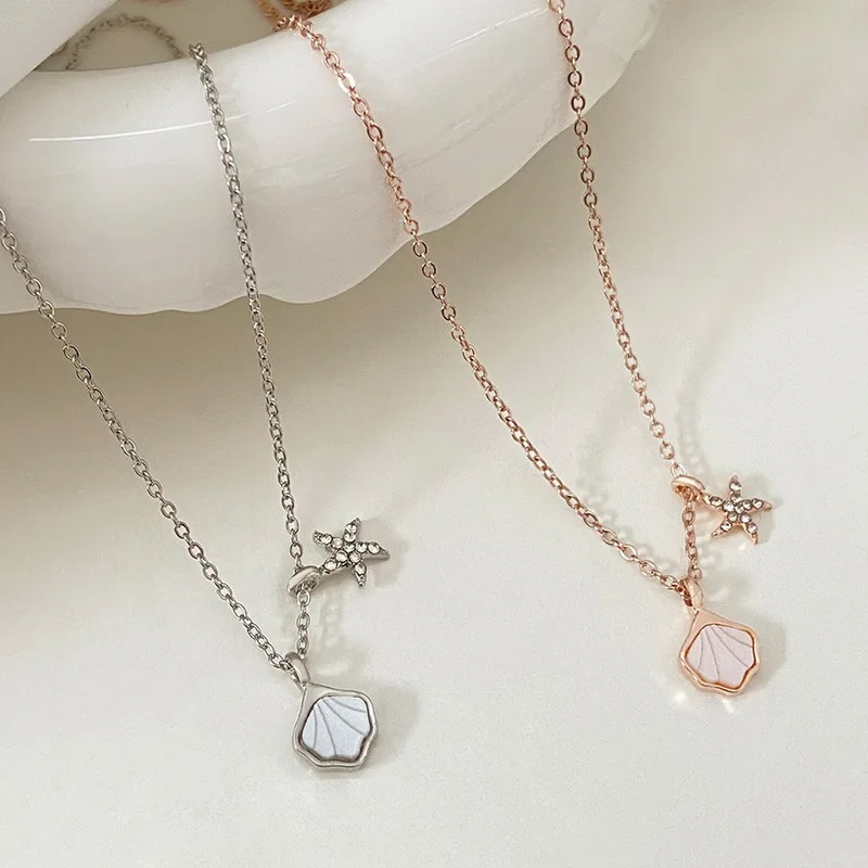 

Micro-Inlaid Zircon Starfish Shell Pendant Necklace For Women Bohemian Colorful Beaded Seashell Clavicle Chain Party Jewelry