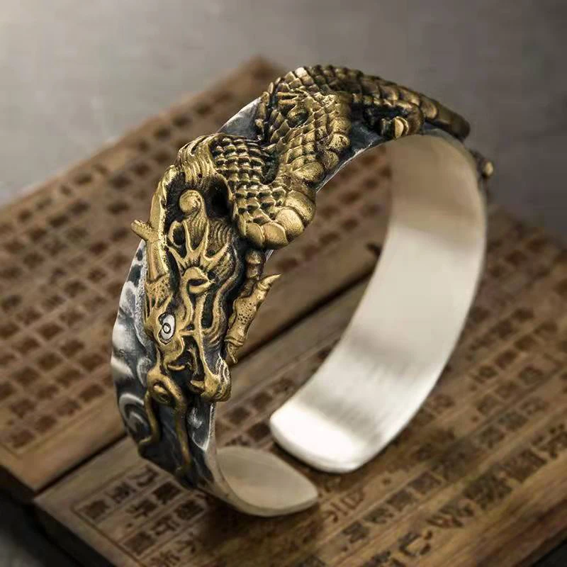

New Guochao Hand-carved Auspicious Cloud Dragon Pattern Ethnic Style Men's Bracelet Arm Ring Seiko Women's Jewelry Accessories