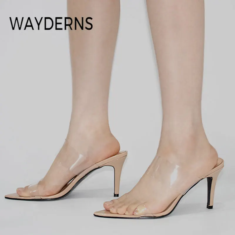

WAYDERNS Ins новые женские тапочки на тонком высоком каблуке Летняя женская обувь модная под платье повседневная женская обувь из ПВХ Размеры 35-43