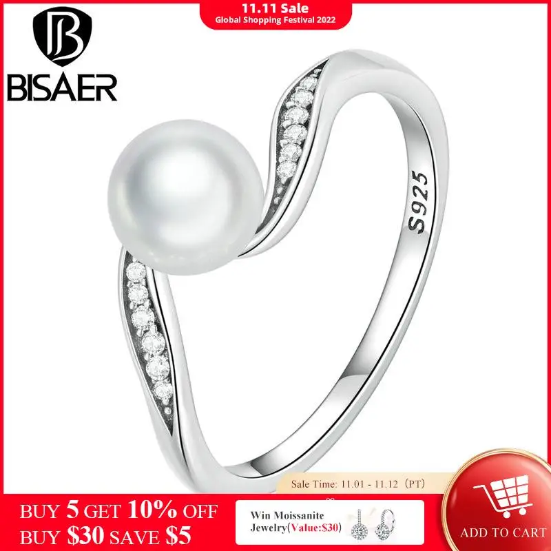 

BISAER 925 Sterling Silver Shell Bead Ring Shining Zircon Classic Wedding Bands Rings For Women Party Anniversary Fine Jewelry