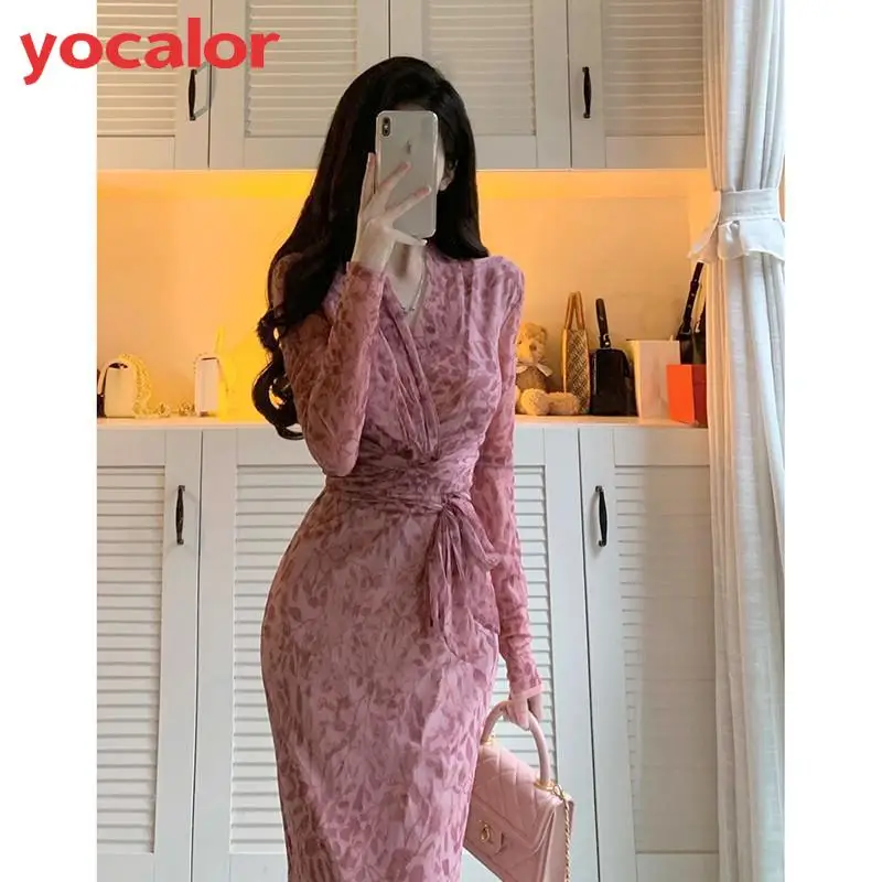

2022 Women Summer Vintage Floral Women Clothing Long Sleeve V-neck Bodycon Midi Dress Chic And Elegant Dresses For Female Robe