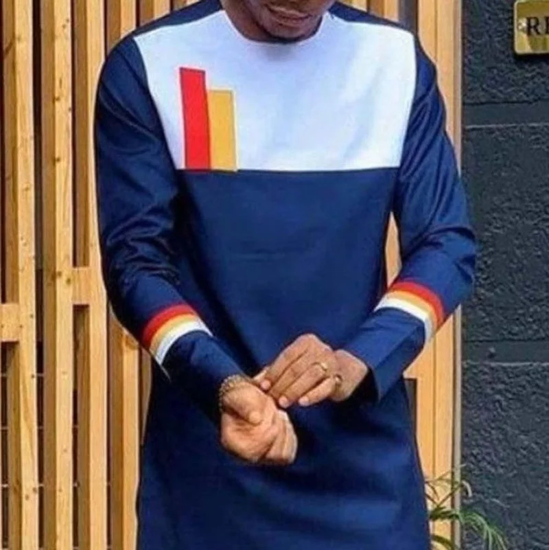 Islam Man Shirt 2022 Muslim Fashion Mid-length Color Block Stitching T-shirt African Men's Clothing Long Sleeve Dashiki Top Male