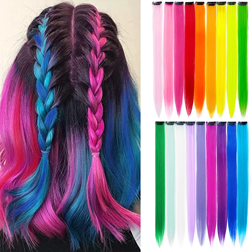 Ed Synthetic Clip In Hair One Piece 10pc/pack Straight Rainbow Color Hair Extensions 22 Inch Hairpieces Highlights For Kids