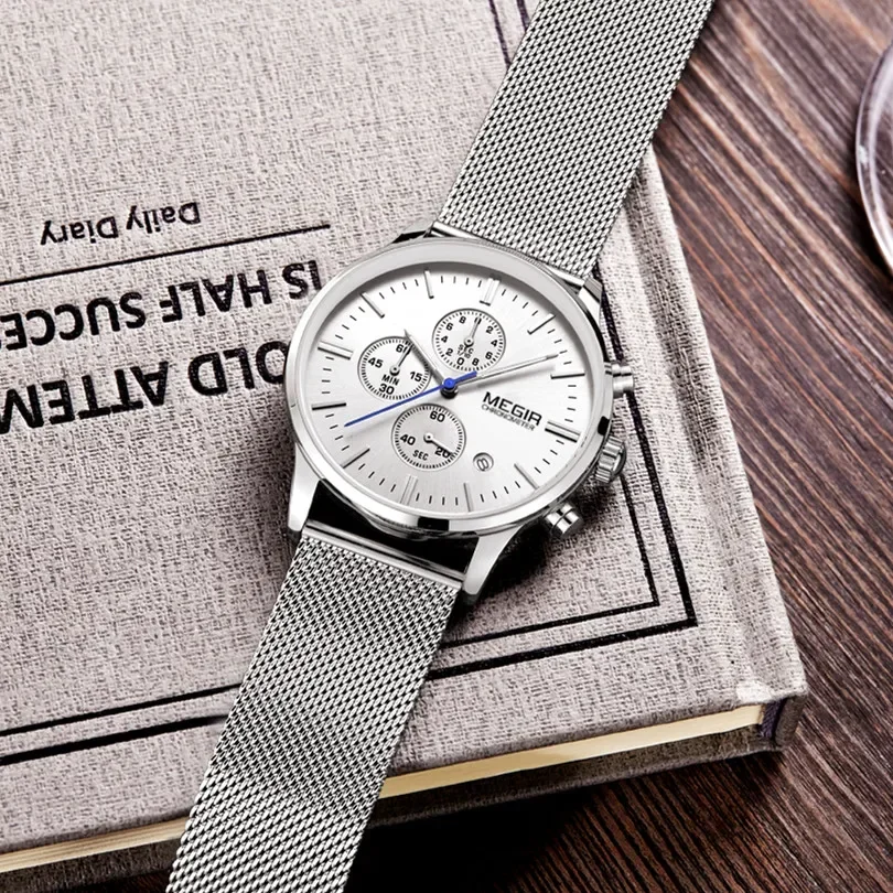 MEGIR кварцевые часы для мужчин наручные из нержавеющей стали роскошные деловые