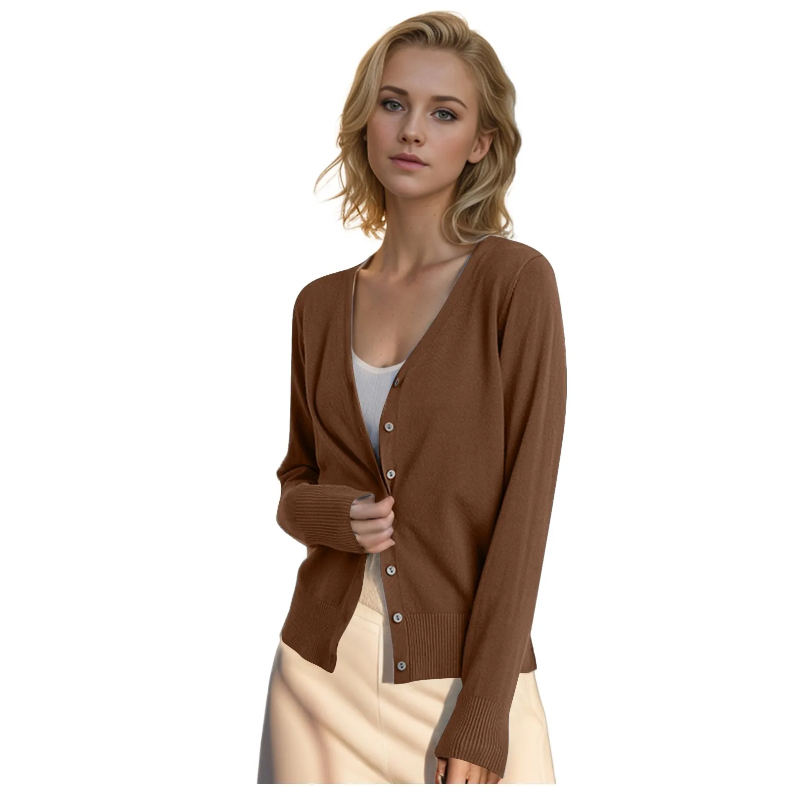 Женский однотонный вязаный кардиган в нежном стиле с длинным рукавом и v-образным