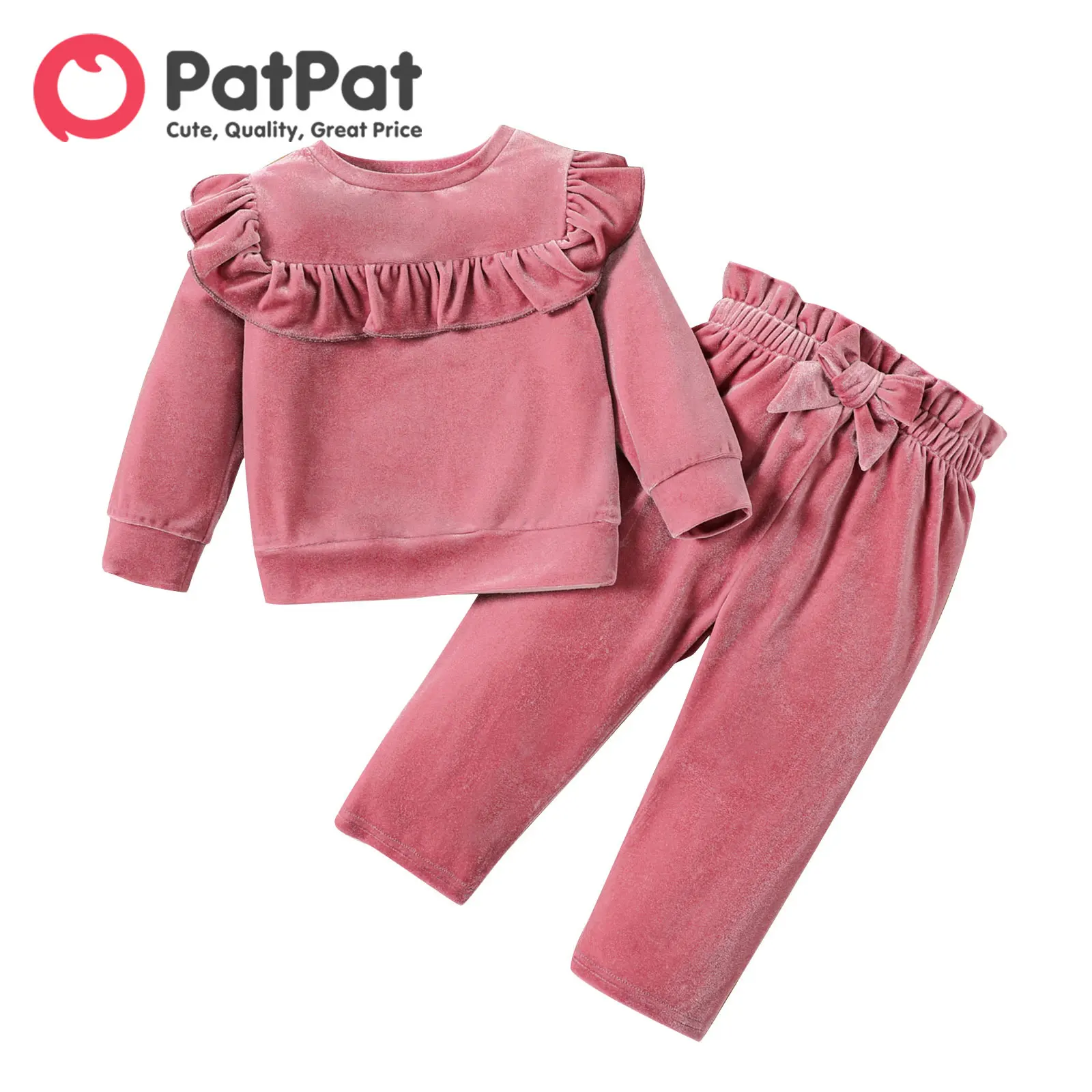 

PatPat 2pcs Baby Girl Pink Velvet Ruffle Trim Long-sleeve Top and Bow Front Pants Set