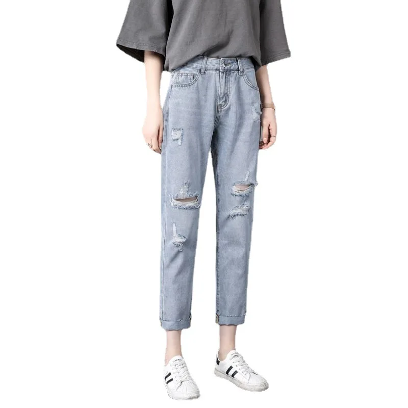 Broken Nine Point Jeans for Women Loose Fitting Summer Thin High Waisted Straight Casual Pants