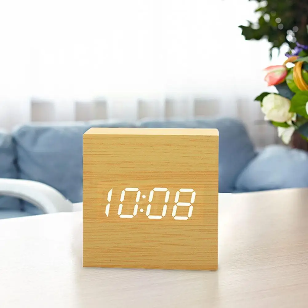 

Creative Square Digital LED Alarm Clock Wood Retro Tools Function Voice Decor Clock Glow Table Desktop Control Snooze Desk