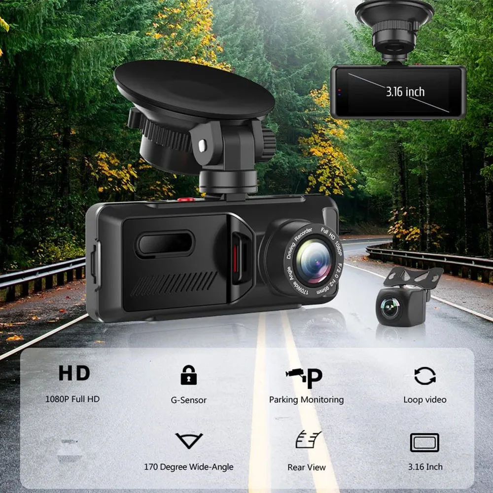 

Motion Detection 1080P Full HD Front Rear For Cars Parking Emergency Dual Dash Cam 3.16inch IPS Screen Monitoring 170 Wide Angle