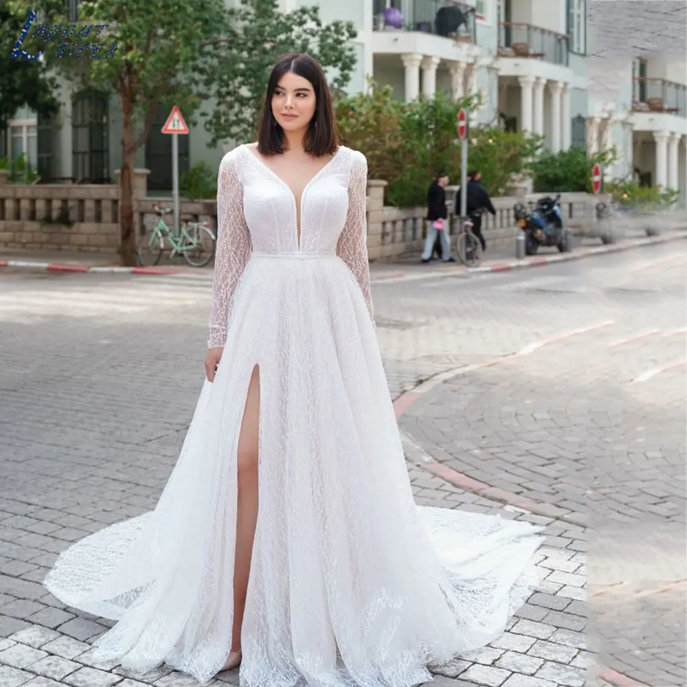 

LAYOUT NICEB Simple A-Line Long Lace Sleeves Bride Gowns Sexy Backless Side Slit Wedding Dresses Deep V-Neck robe de mariée 2024