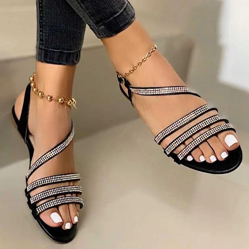 

2022 Buckle Flat Sandals Women's Rhinestone Women's Flip-Flops Summer Leather Crystal Slippers Ladies Sparkling Shoes
