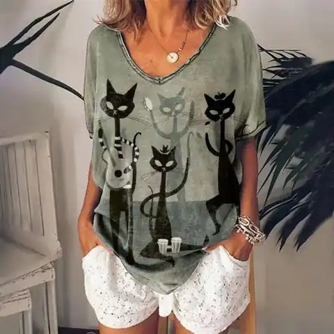 Women's T Shirt Anime Cat Graphic Girl Clothes 2023 Summer V-neck Short Sleeve Tees Female Harajuku Streetwear Oversized Blouse