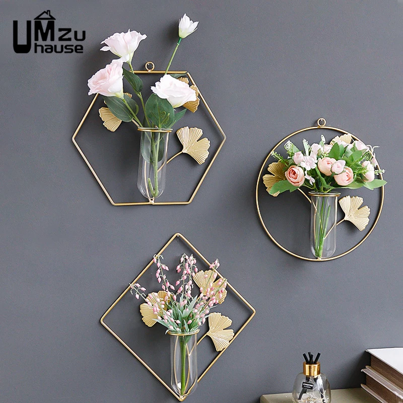 

Hydroponic Vase Hanging Flower Pots Creative Elegant Gold Metal Potted Wall Door Mounted Fake Plant Shelf Home Living Room Decor