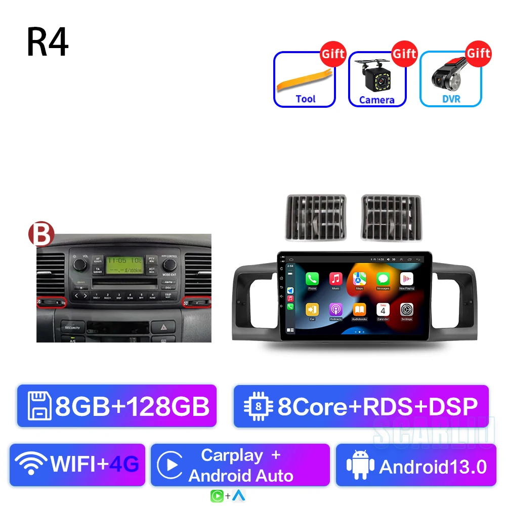 

SCARLIU для Toyota Corolla E130 E120 2000-2006 Android 13 Автомобильный радиоприемник Мультимедийный плеер Навигация GPS Carplay 2din Стерео DVD